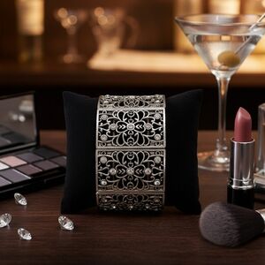 Vintage Filigree Cuff Bracelet Black Silver Rhinestone Glam